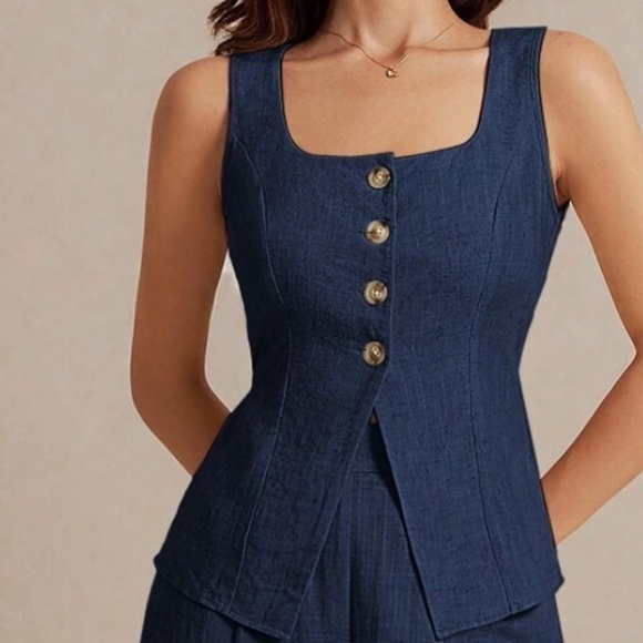 Classic Line Half Button Minimalist Linen Vest - Picture 1 of 7